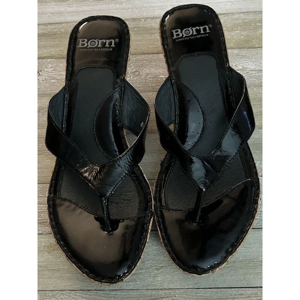 Born Women's Black Patent Leather Cork Wedge Sandal Shoe W31148 US 8